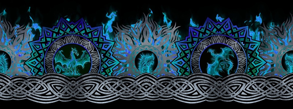 Blue Fury Flame Border Blue/Black by Jason Yenter for In The Beginning Fabrics