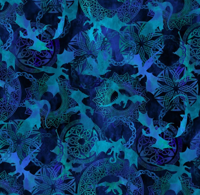 Blue Fury Flying Dragons Blue by Jason Yenter for In The Beginning Fabrics