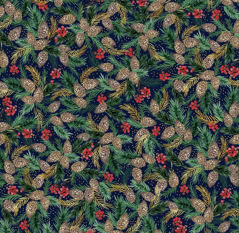 Joyful Packed Pinecone Sprigs Navy by Sara Berrenson for P&B Textiles