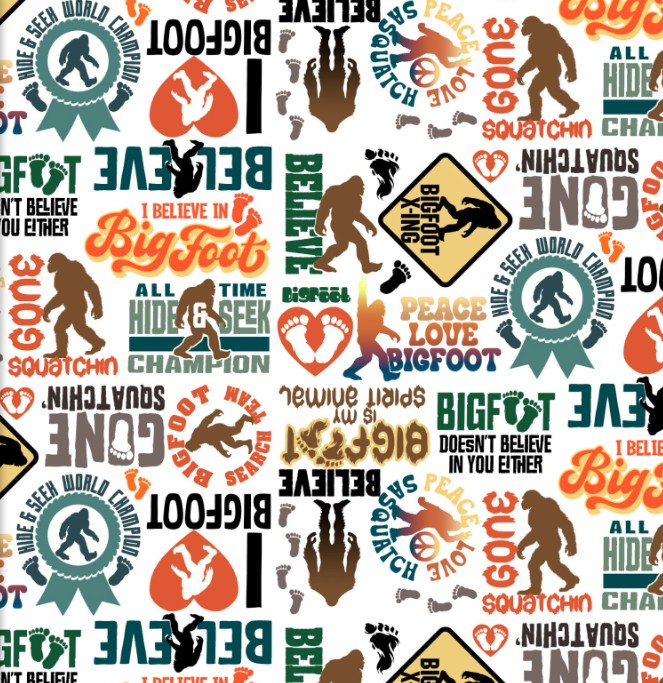 Legendary Loner I Believe in Bigfoot White by Jim Baldwin for 3 Wishes Fabrics