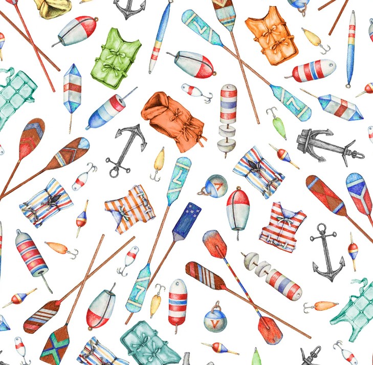 Fair Winds & Following Seas Boating Gear White by Michael Moon for 3 Wishes Fabrics