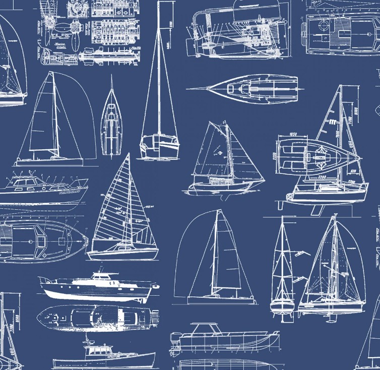 Fair Winds & Following Seas Blueprints Navy by Michael Moon for 3 Wishes Fabrics