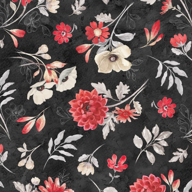 Scarlet Dreams Large Floral Toss Black by Beth Grove for Wilmington Prints