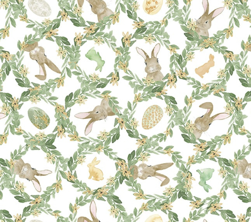 Spring Serenade Leaf Lattice with Bunnies White from Blank Quilting
