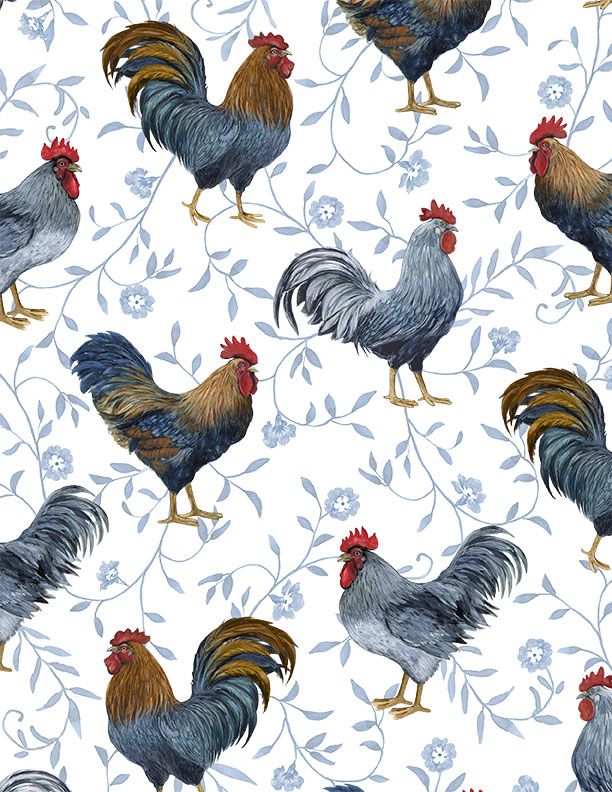 Country Blue Large Roosters All Over White from Wilmington Prints
