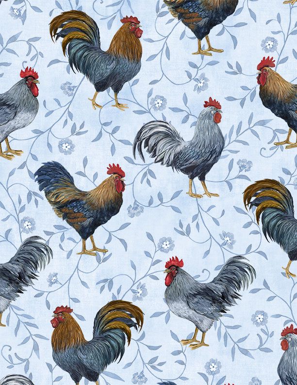 Country Blue Large Roosters All Over Light Blue From Wilmington Prints