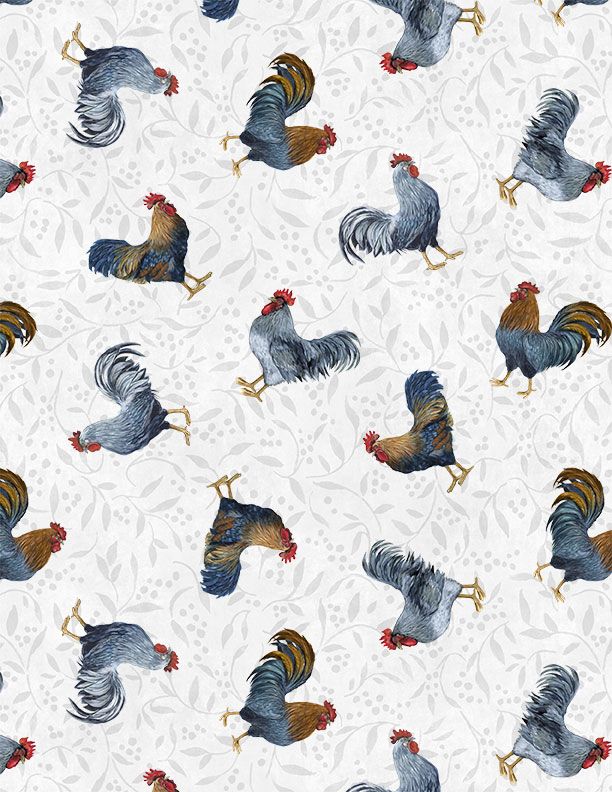 Country Blue Rooster Toss Gray from Wilmington Prints
