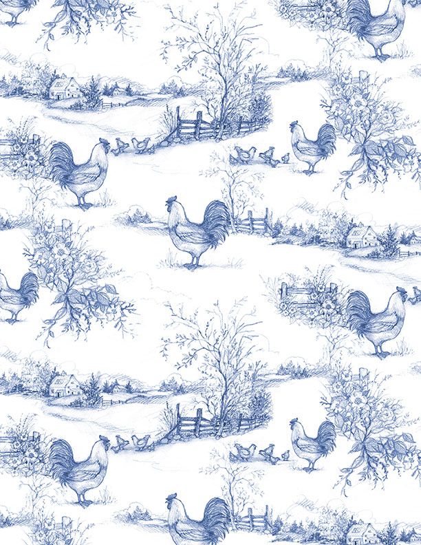 Country Blue Rooster Toile Dark Blue on White from Wilmington Prints