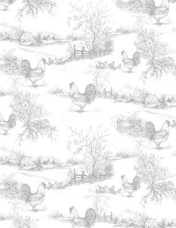 Country Blue Rooster Toile Gray on White from Wilmington Prints