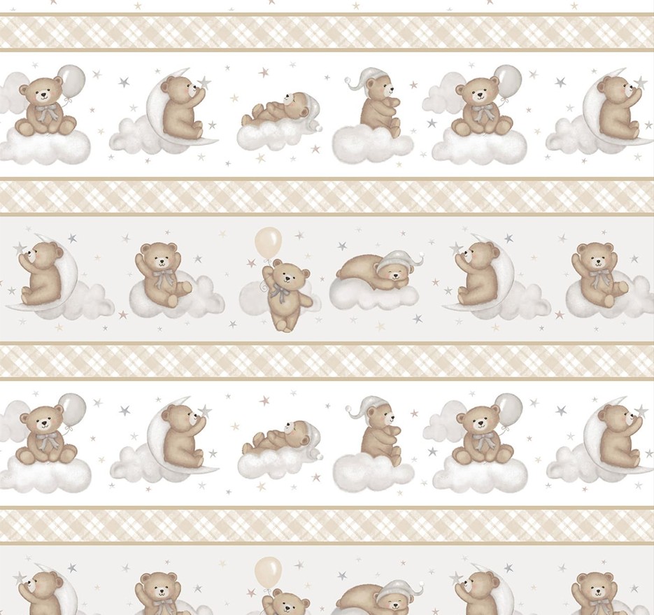 Sleepy Teddy Border Stripe Oatmeal/Gray by Sharla Fults for Studio E Fabrics