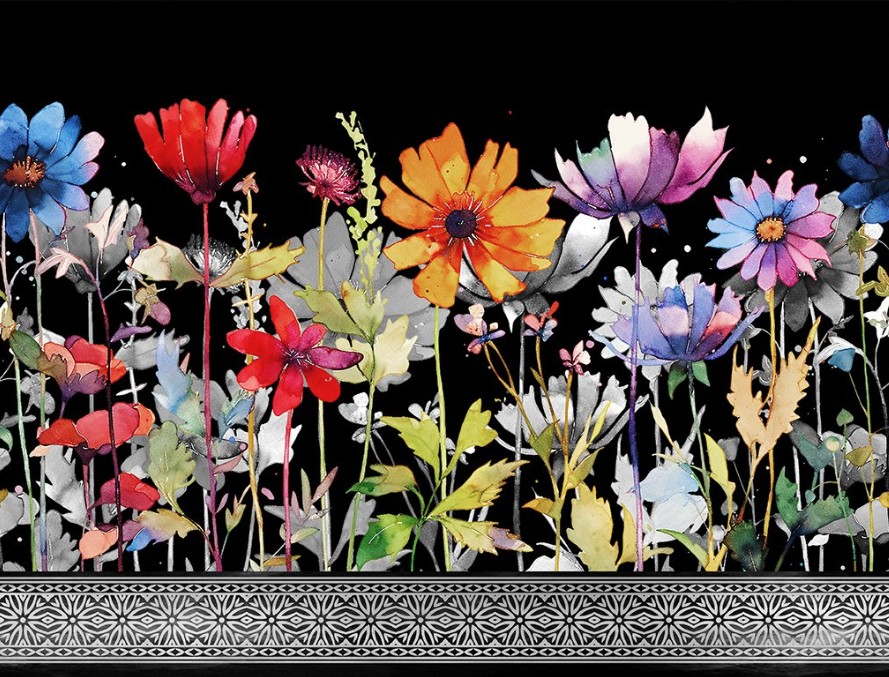 Blooming Day & Night Border Black by Jason Yenter for In The Beginning Fabrics