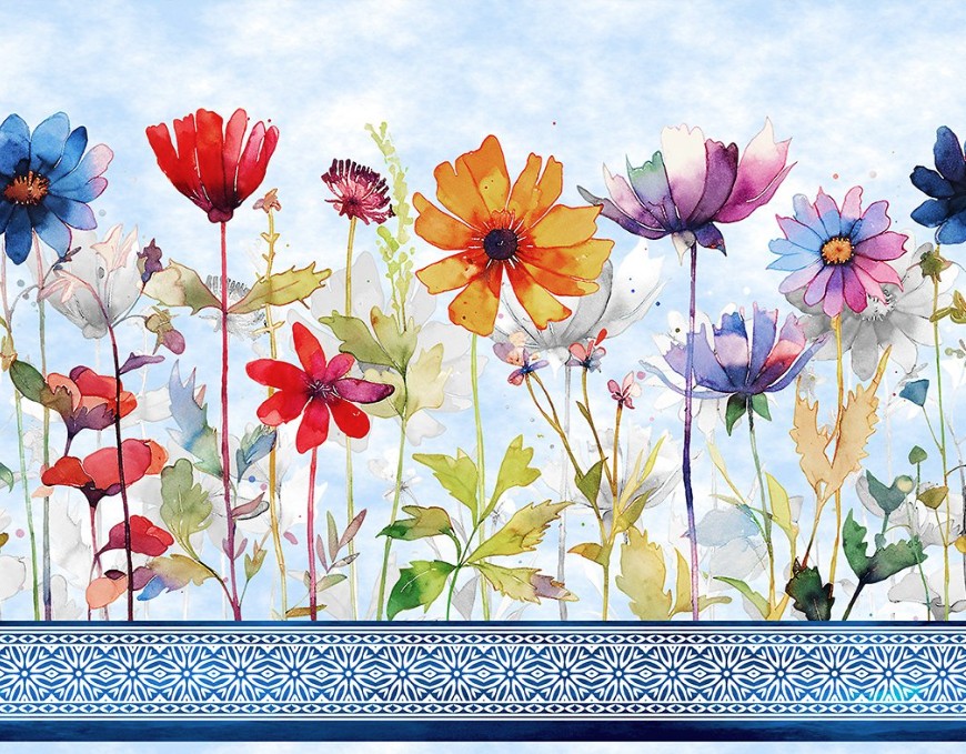 Blooming Day & Night Border Blue by Jason Yenter for In The Beginning Fabrics