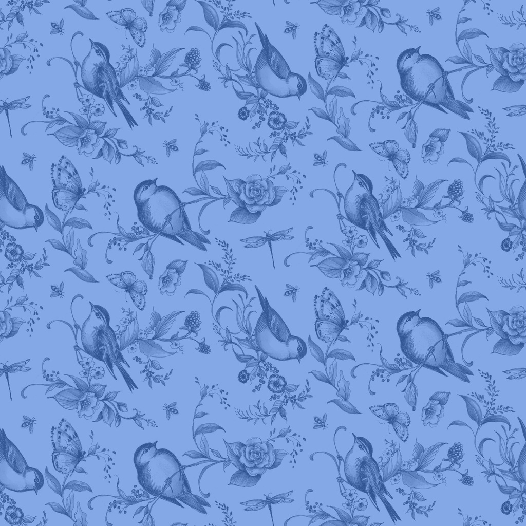 Amalfi Coast Birds & Bees Dark Blue on Blue from Lumin Fabrics