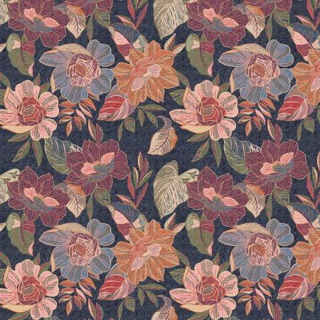 A Garden of Stitches Embroidered All Over Floral Navy from P&B Textiles