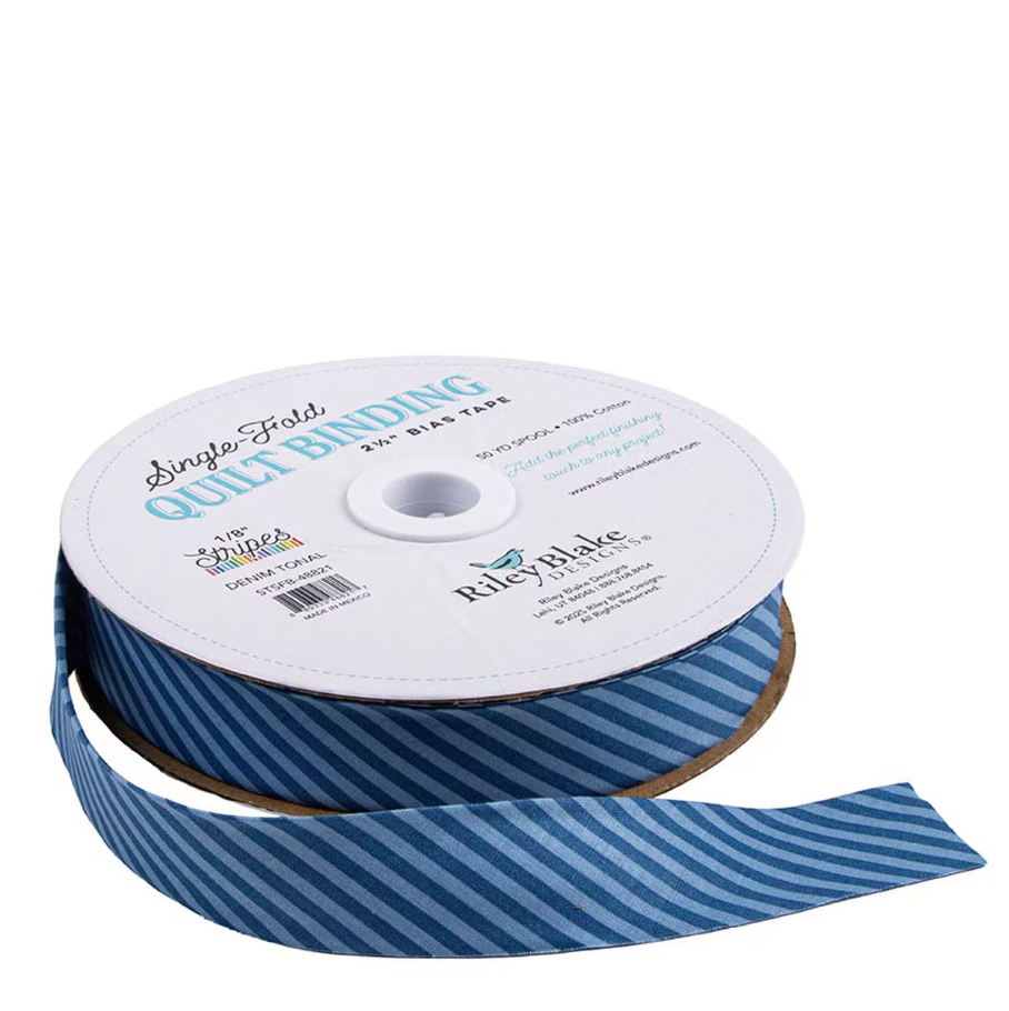 Single-Fold Quilt Binding 2 1/2" Bias Tape Diagonal Stripe Denim Tonal from Riley Blake