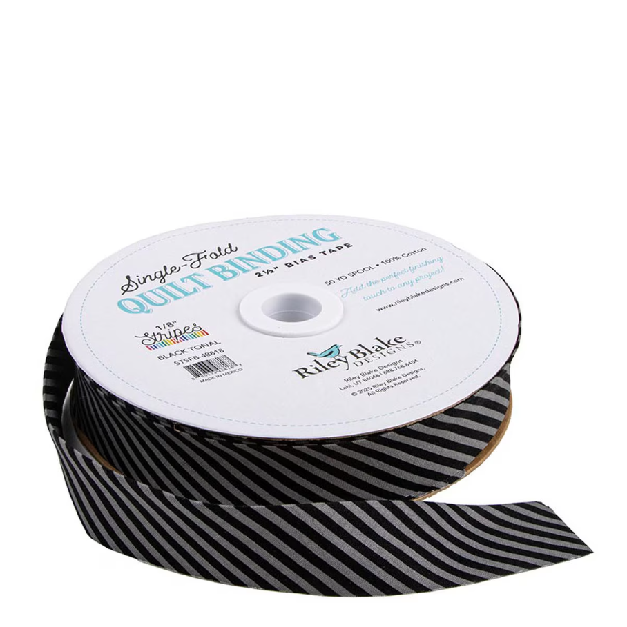 Single-Fold Quilt Binding 2 1/2" Bias Tape Diagonal Stripe Black Tonal from Riley Blake