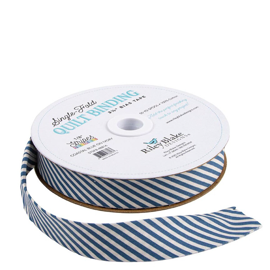 Single-Fold Quilt Binding 2 1/2" Bias Tape Diagonal Stripe Costal Blue on Ivory from Riley Blake