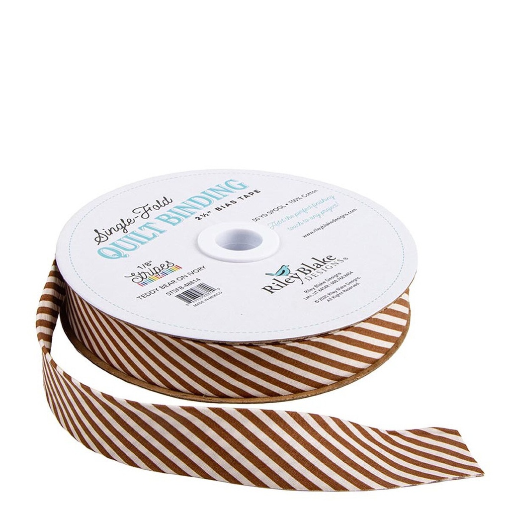Single-Fold Quilt Binding 2 1/2" Bias Tape Diagonal Stripe Teddy Bear on Ivory from Riley Blake