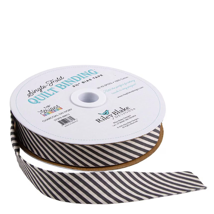 Single-Fold Quilt Binding 2 1/2" Bias Tape Diagonal Stripe Charcoal on Ivory from Riley Blake