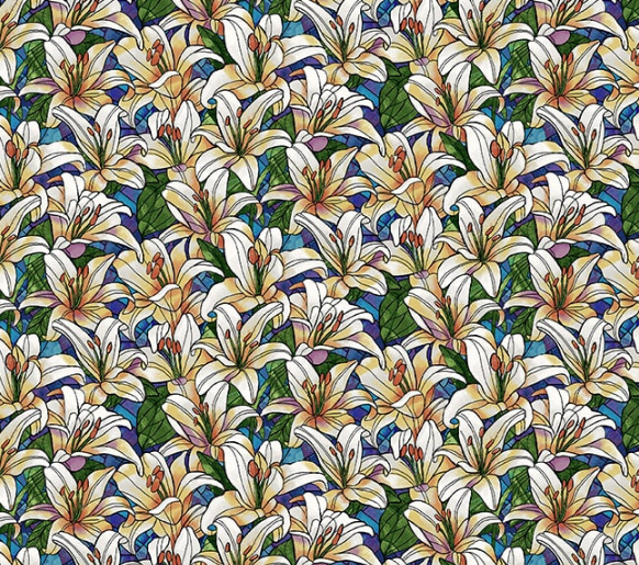 Faith in Full Color Packed Lillies White on Turquoise from Henry Glass