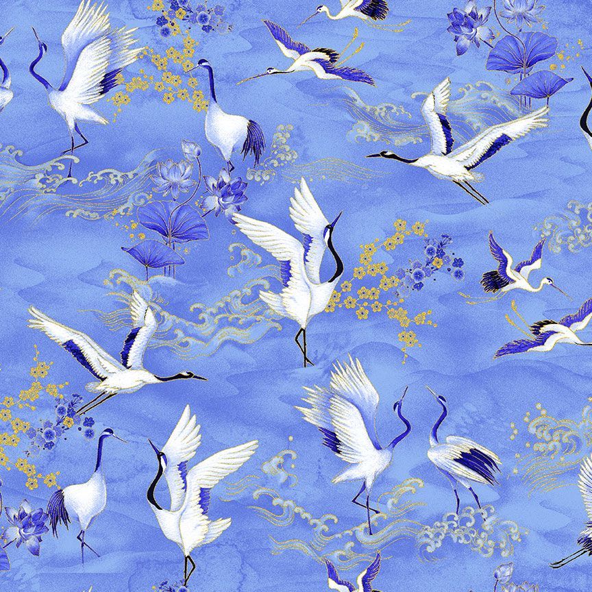 Moonlight Asian Crane Metallic Sea from Timeless Treasures