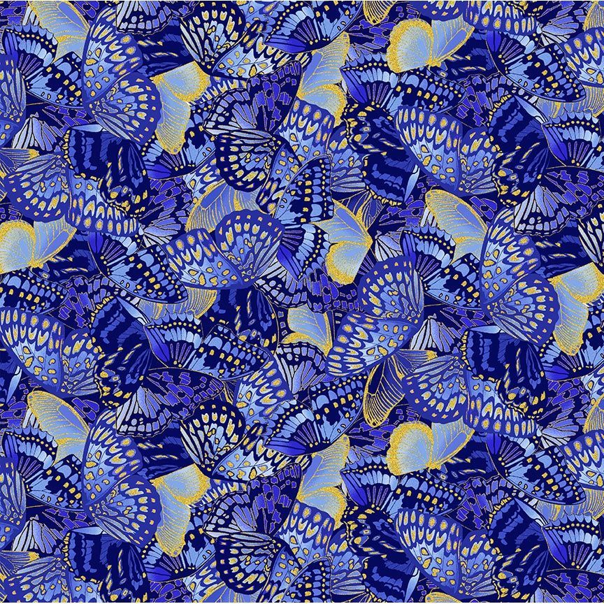 Moonlight Butterflies Packed Metallic Indigo from Timeless Treasures
