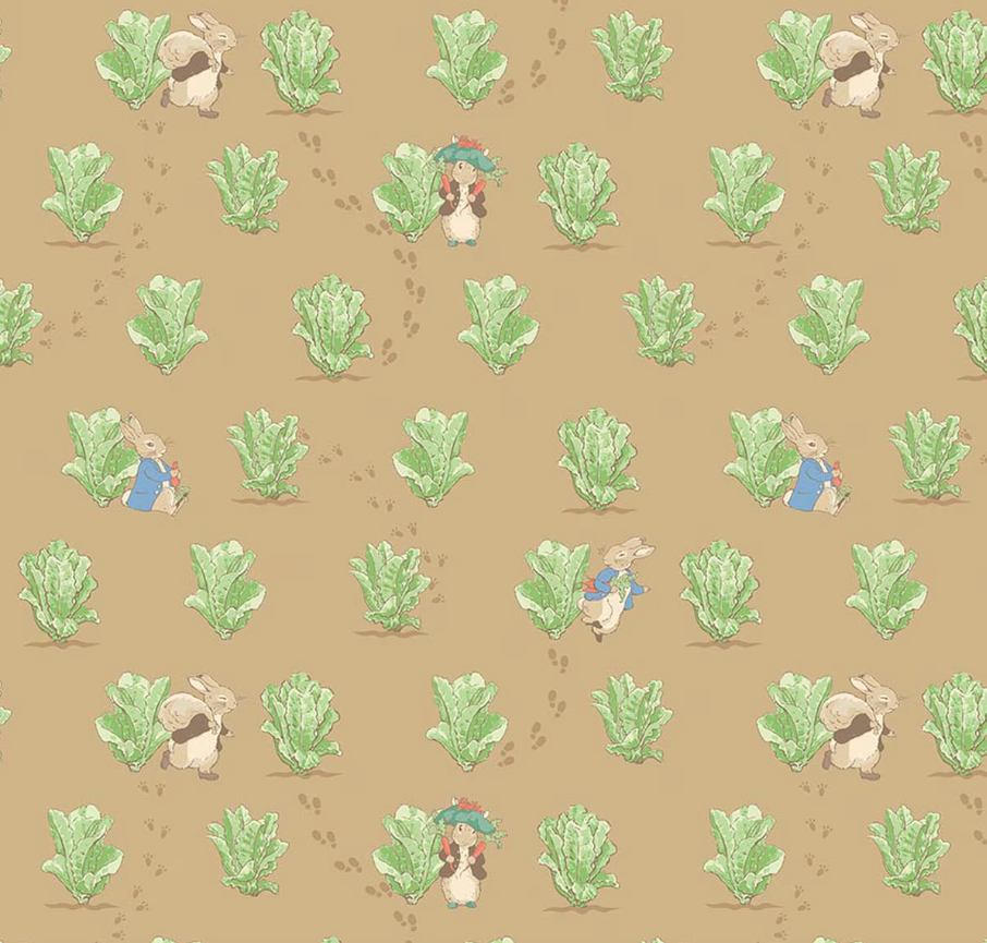 Peter Rabbit and Benjamin Bunny Lettuce Patch Tan from Riley Blake