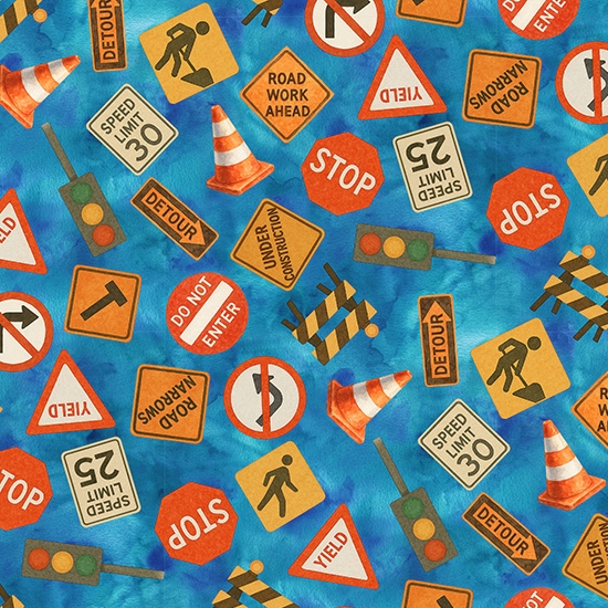 Things That Go From A to Z Signs Blue from Hoffman Fabrics