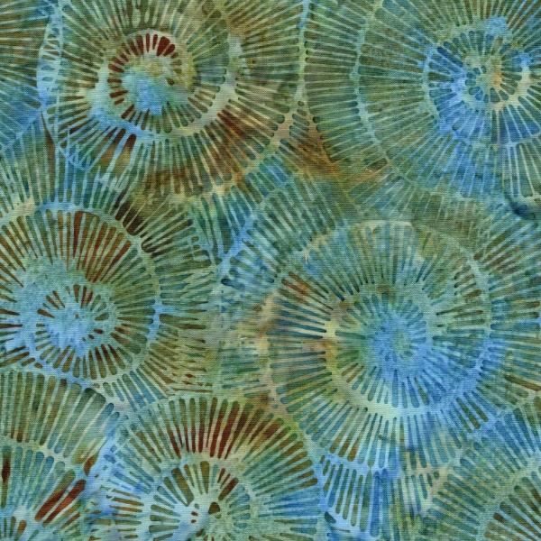 Stone Strata Batiks Fossil Spiral Multi Green Brown Blue by Kathy Engle for Island Batik