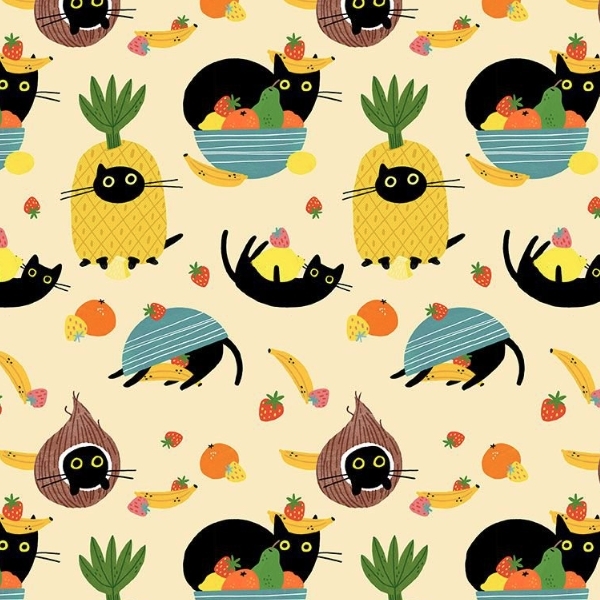 Furruit Cocktail Cats in the Furruit Bowl Cream by Leezaworks for Dear Stella