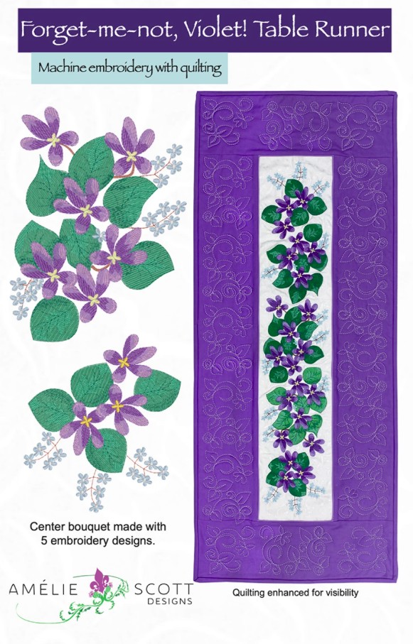 Forget Me Not, Violet! Table Runner Machine Embroidery Pattern from Amelie Scott Designs