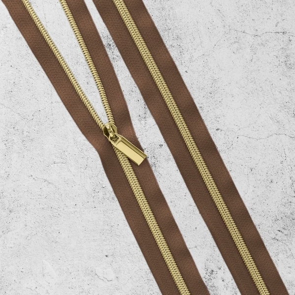 Brown Nylon Coil Zipper with Gold Pulls, Size 3, from Sallie Tomato