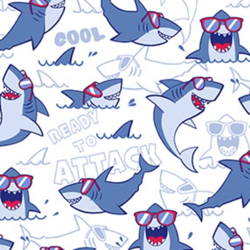 Shark Attack Big Sharks White Multi from Northcott