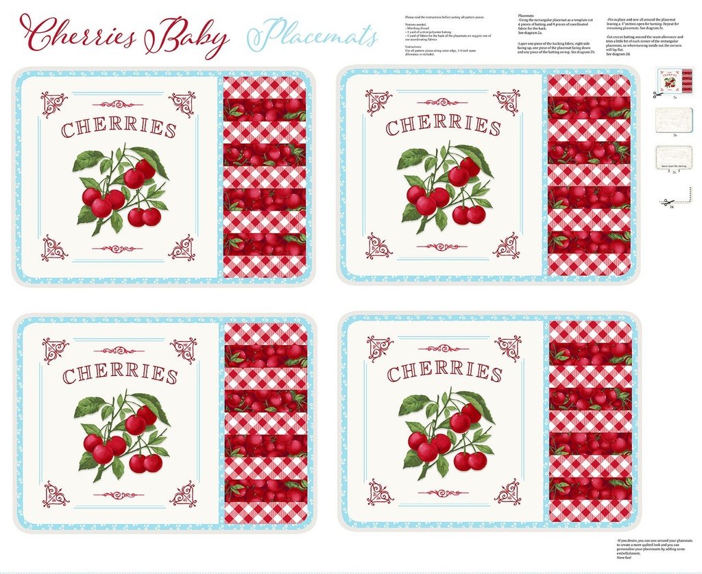 Cherries Baby Placemats Panel Red on Turquoise from Henry Glass
