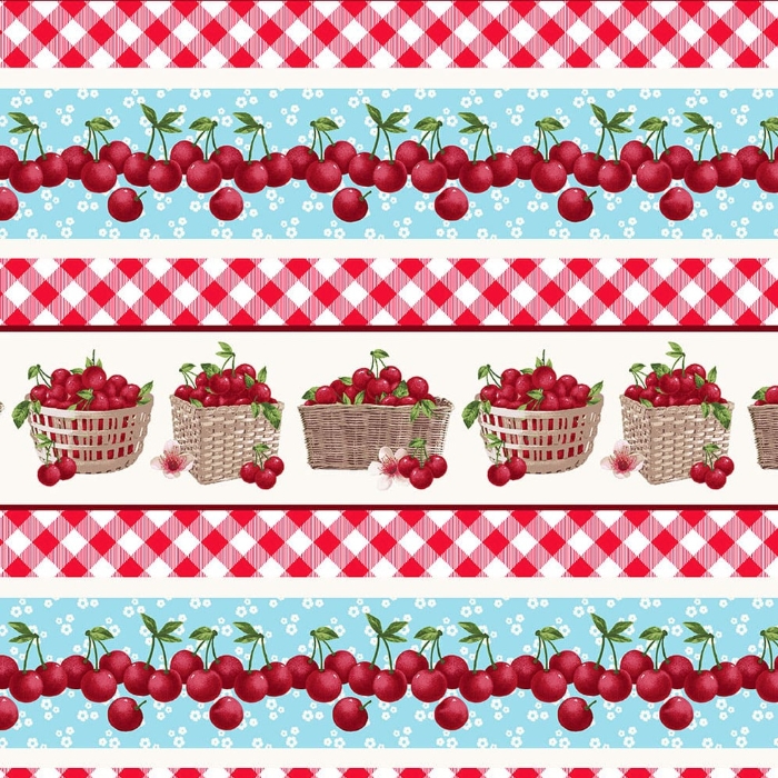 Cherries Baby Border Stripe Turquoise and Red from Henry Glass