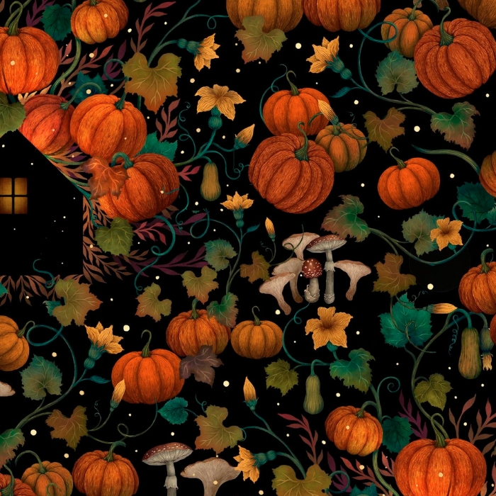 Harvest Haunt Pumpkin House Silhouettes Black from Blank Quilting