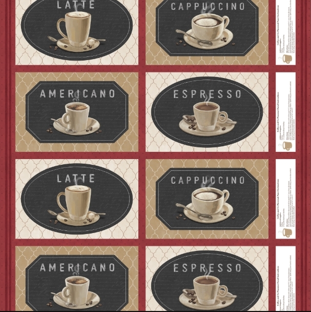 Coffee and Co Expresso and Cappuccino Drink Panel from Lumin Fabrics