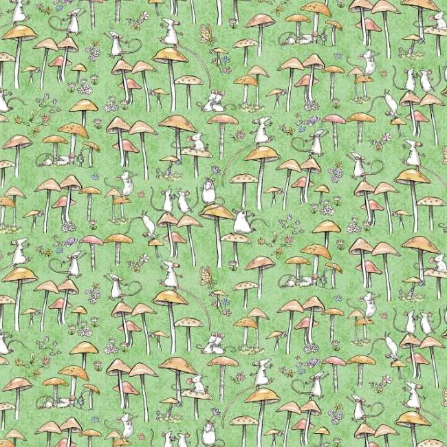 Mouseplay Mushroom Dance Green from Clothworks Fabric