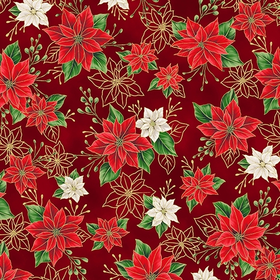 Blooming Holidays Poinsettias Scarlet Gold from Hoffman Fabrics