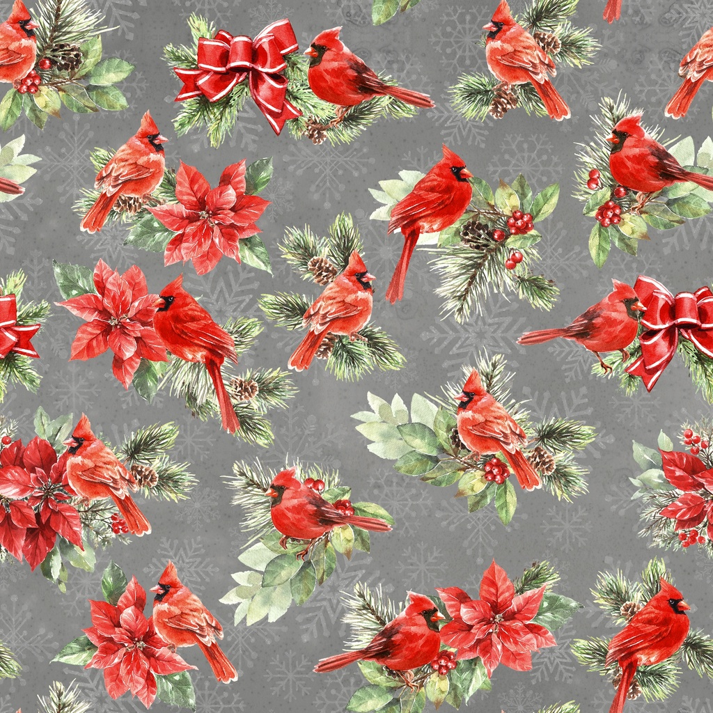 Feathered Festivities Cardinals & Poinsettias Dark Gray from Lumin Fabrics