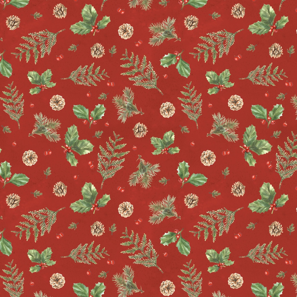 Feathered Festivities Holly & Pine Red from Lumin Fabrics