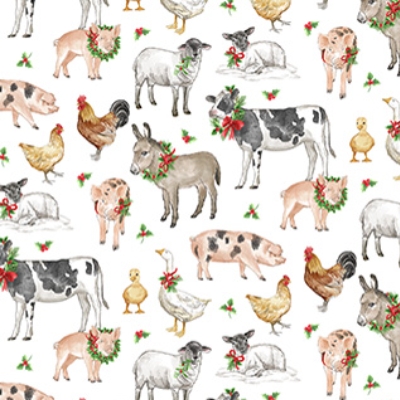 Barnyard Christmas Animals White Multi from Northcott Fabrics