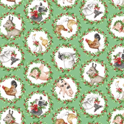 Barnyard Christmas Animal Wreaths Green Multi from Northcott Fabrics