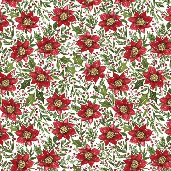 Snowy Greetings Poinsettia and Holly-White from Lumin Fabrics