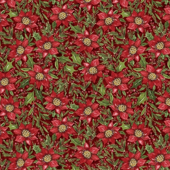 Snowy Greetings Poinsettia and Holly-Red From Lumin Fabrics