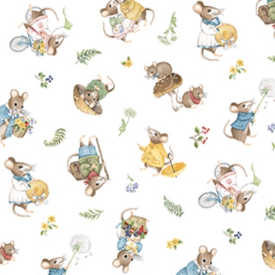 Country Mouse Toss Mice White Multi from Northcott Fabrics