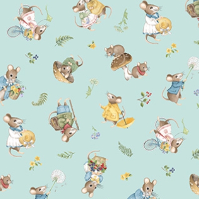 Country Mouse Toss Mice Blue Multi from Northcott Fabrics