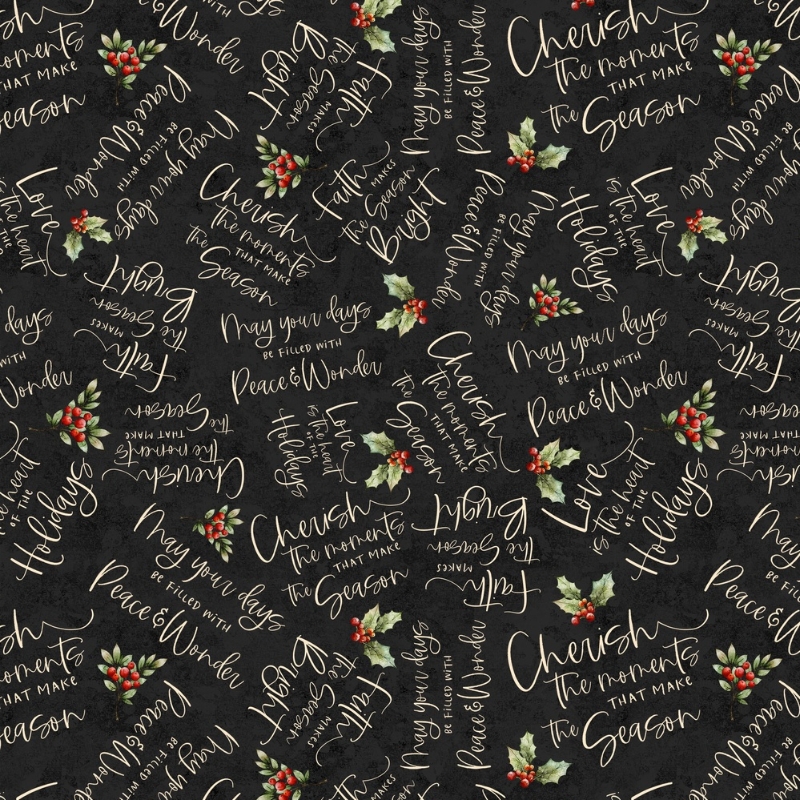 Poinsettia Radiance Word Toss Black from Lumin Fabrics