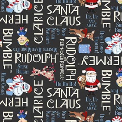 Rudolph the Red-Nosed Reindeer Phrases Charcoal from Northcott Fabrics