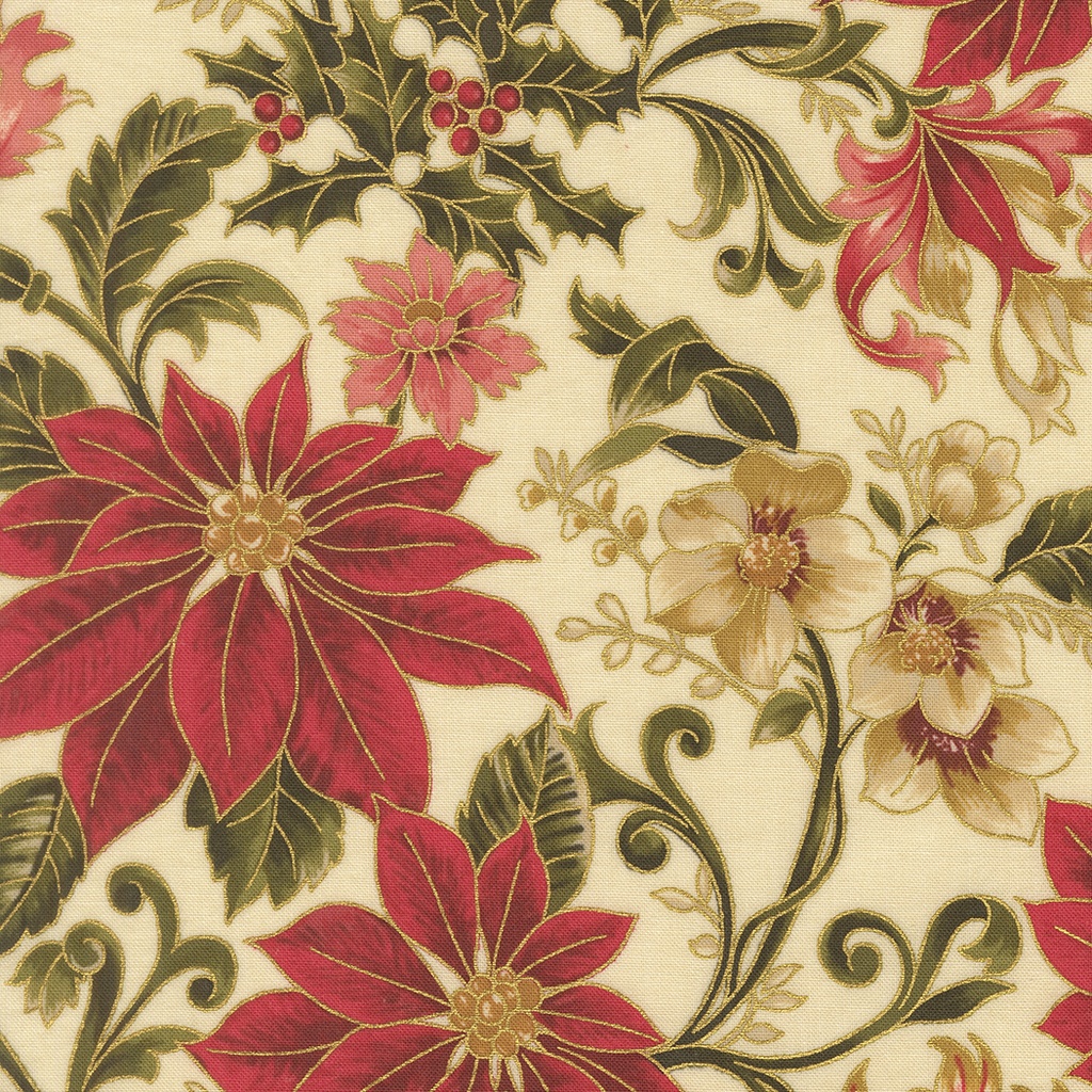 Merry Manor Metallic 2025 Large Jacobean Poinsettias Cream from Moda Fabrics